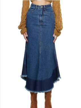 JUNEYEN Blue Asymmetric Denim Midi Skirt